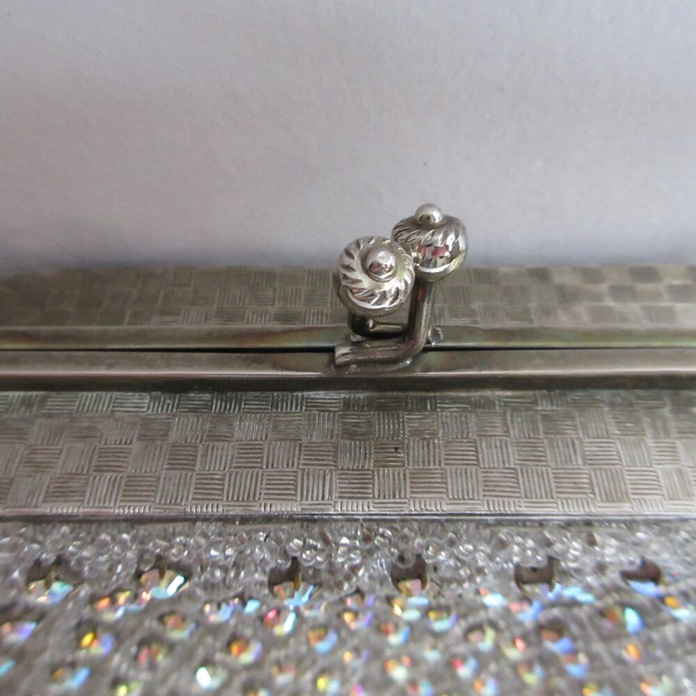Silver Seed Bead AB Rhinestone Evening Bag Purse Metal Frame Kiss Lock Hong Kong - Picture 3 of 16